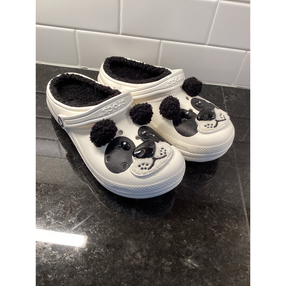 Crocs JUNIORS Classic Lined Super Cute Panda Bear Clog Shoes Black White Size 5